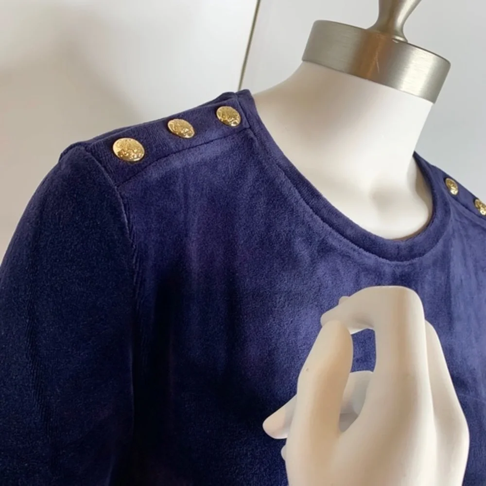 Juicy Couture Gold Button Blue Stretch Velvet Dress